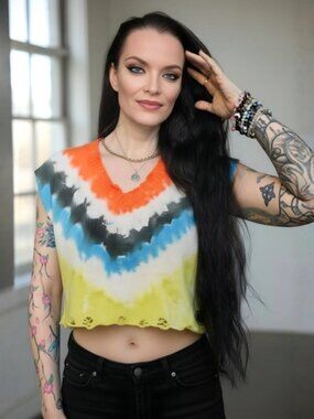 Tie-Dye V-Neck Crop Top in Orange, Blue, Yellow -